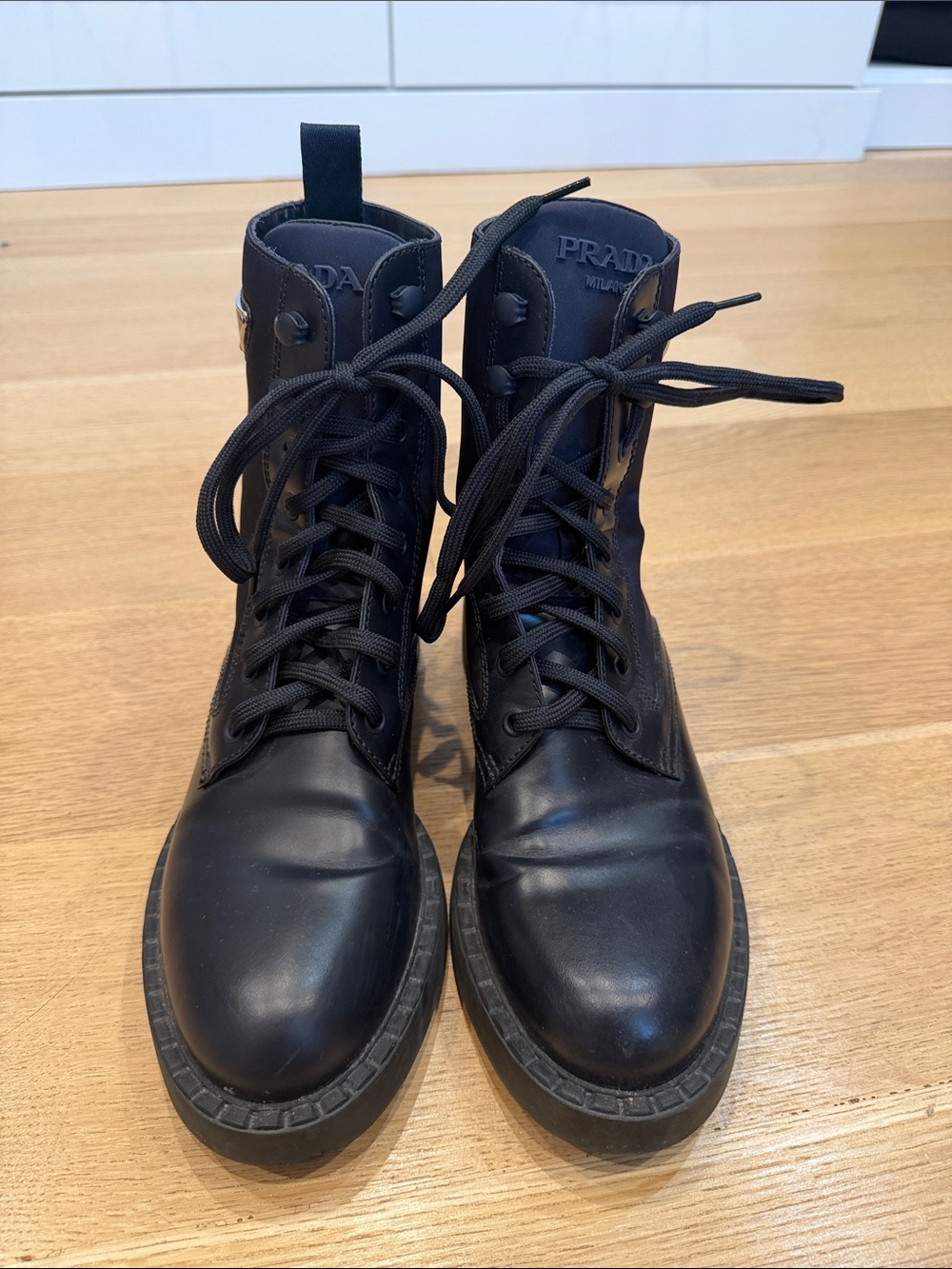 Prada Lace-Up Leather Navy Combat Boots
